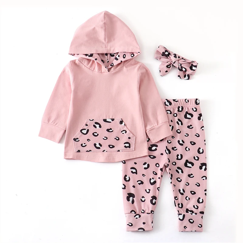 Newborn Baby Girl Clothes Fall Pink Hooded Long Sleeve Tops Print Pants Headband 3Pcs Spring Toddler Infant Clothing Outfits Set