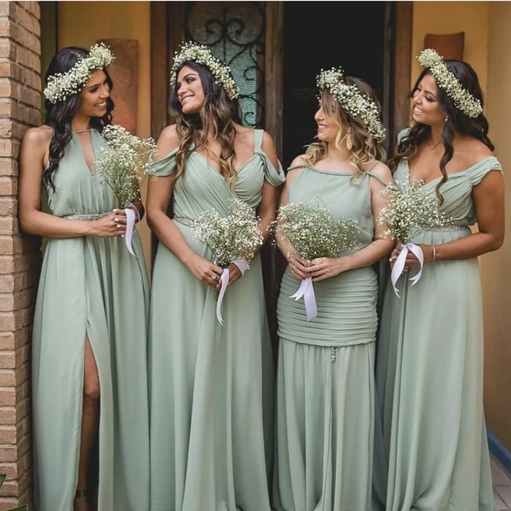 Sage Green Bridesmaid Dresses 2022 Chiffon A-Line Off Shoulder Side Split Pleat Floor Length Wedding Party Gowns With Sashes