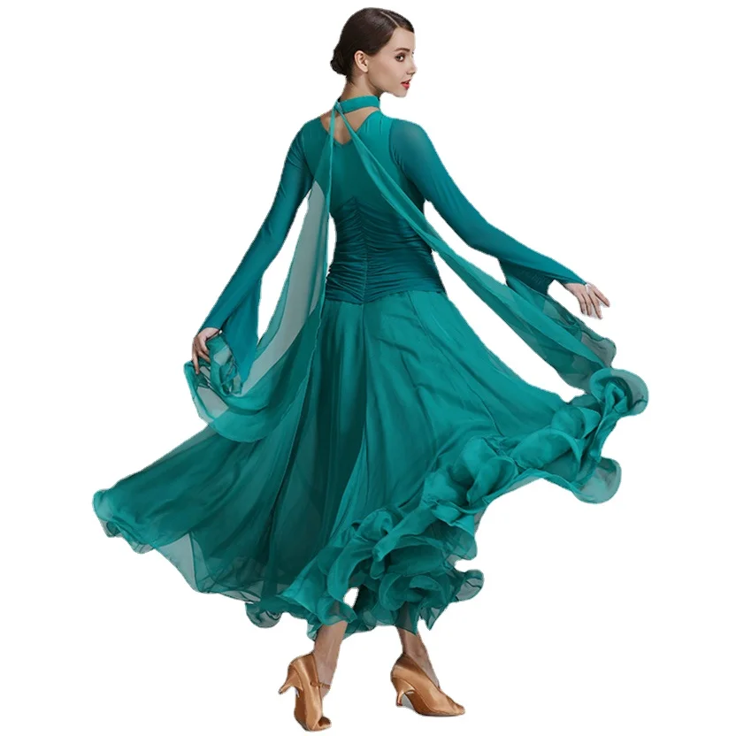 Back Fluttering Chiffon Long Women Ballroom Dress Standard Dance Dress Waltz Costumes Tango Dance Wear For Rumba Practice