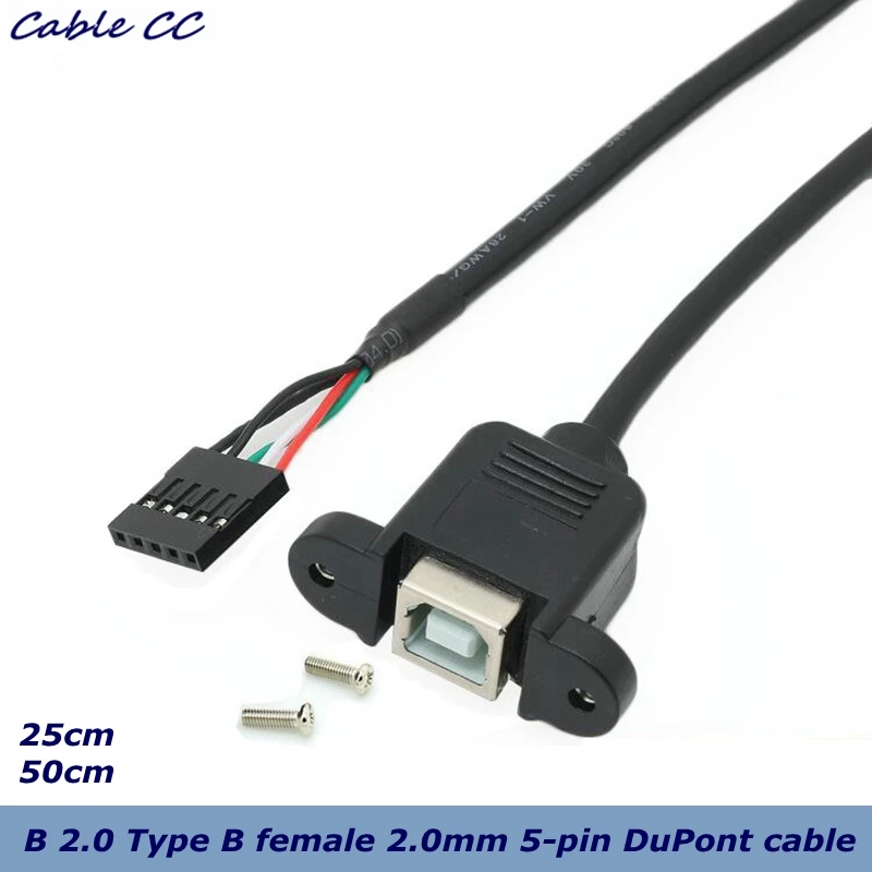 USB 2.0 B Type Female socket Printer Panel Mount to Pitch 2.0mm 5pin Housing PCB Motherboard Dupont Cable 0.25m 0.5m