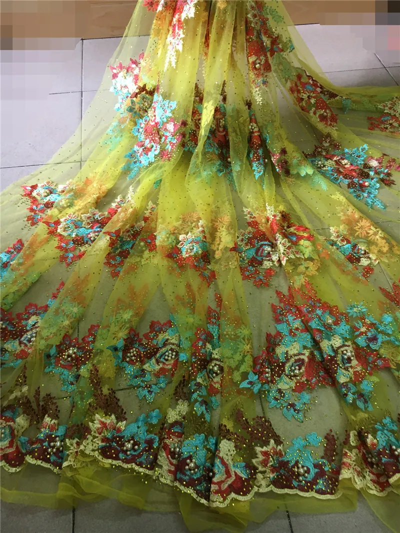 

Yellow mesh pretty flowers lace Fabric with beads and stone High Quality Beautiful Nigerian Lace Fabric For fashion show dres
