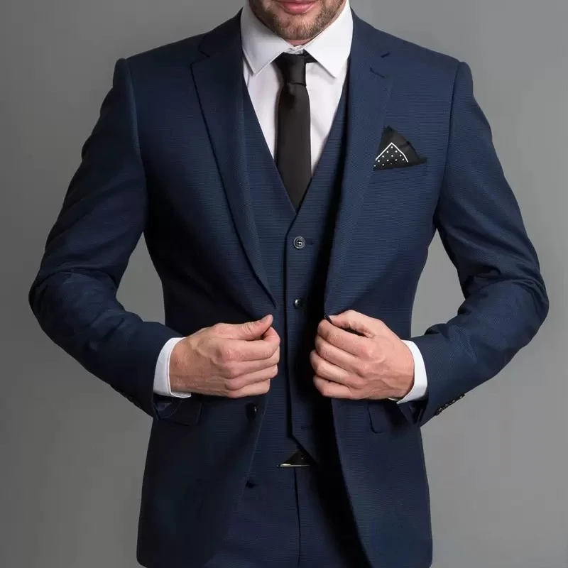 Costume 3 Pièces Bleu Marine pour Homme, Coupe Cintrée, Revers Cranté, Smoking de Mariage, Ensemble sur Mesure, Business, Blazer, Pantalon, Glace