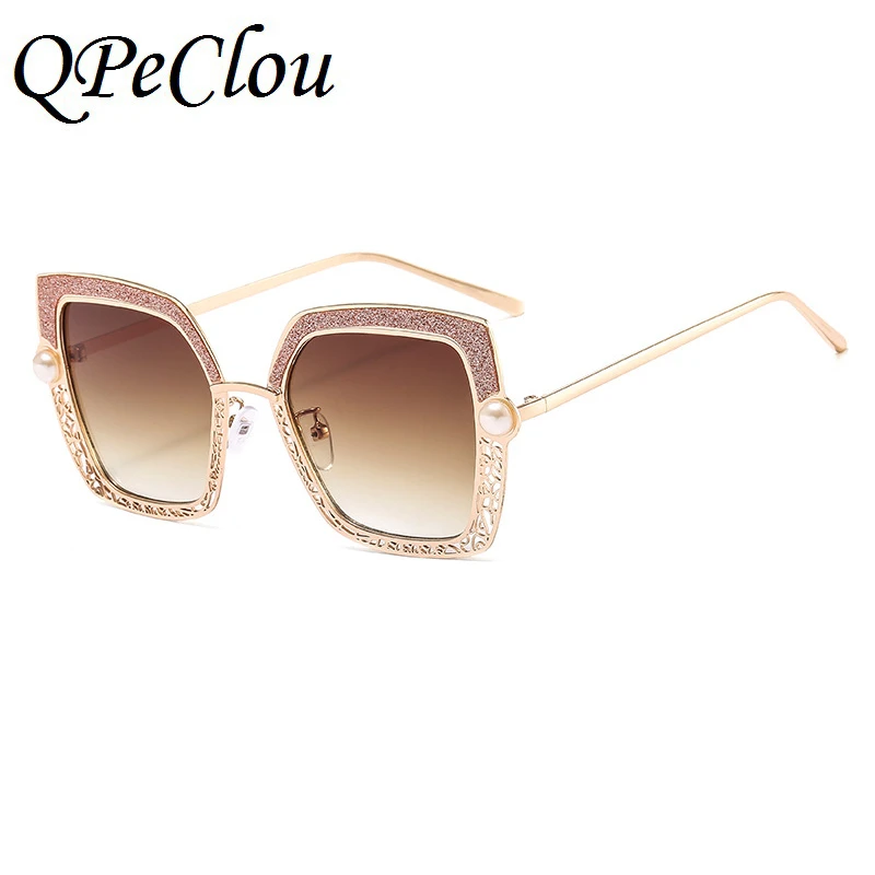 QPeClou 2020 New Vintage Luxury Pearl Hollow Sunglasses Women Fashion Brand Designer Square Sun Glasses Female Shining Shades