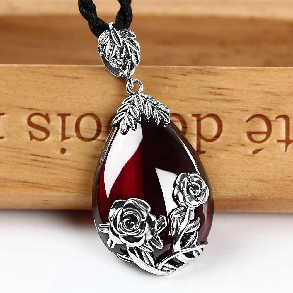 

ZHJIASHUN Retro 100% 925 Sterling Silver Rose Garnet Pendant Necklace Natural Gemstones Ruby Pendants Jewelry For Women