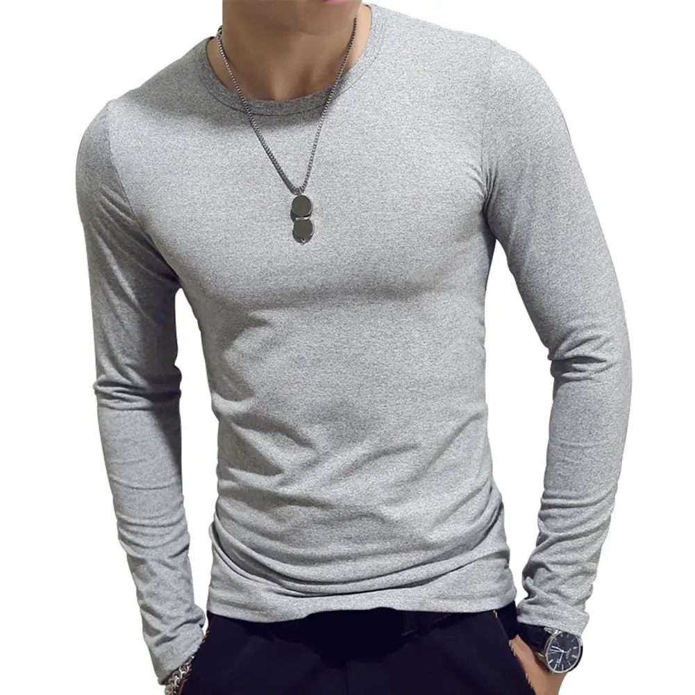 Casual Men Solid Color O Neck Long Sleeve Slim T-shirt Sports Bottoming Top Men Clothings Solid Color Sliming and Fit