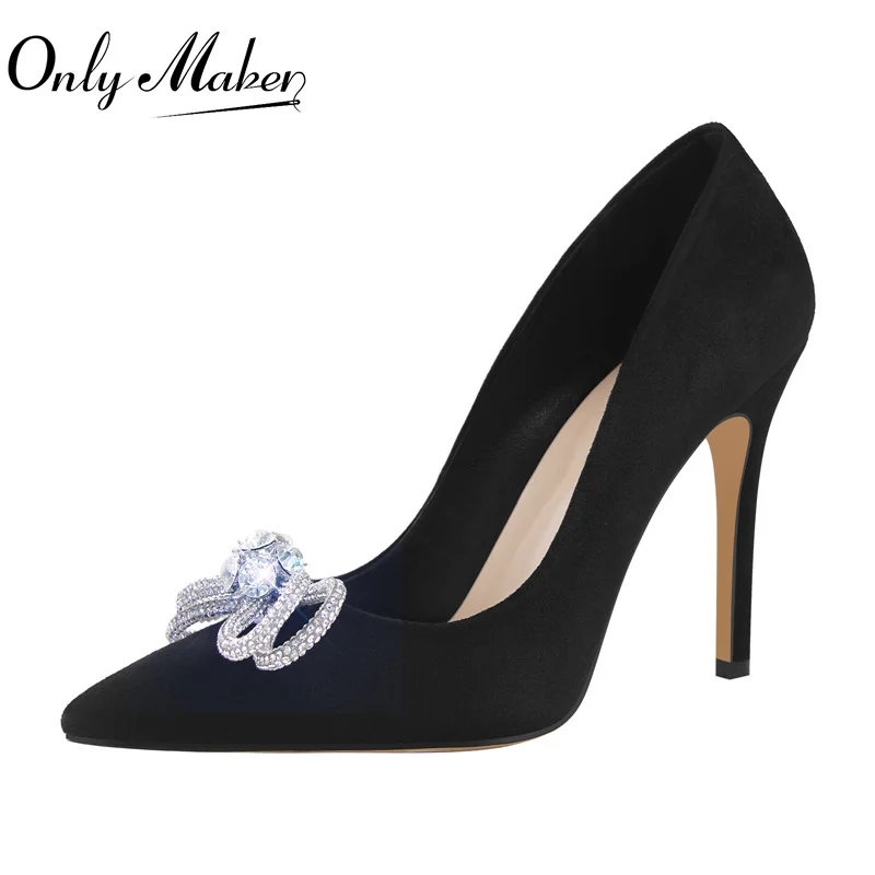 Onlymaker Women Elegant Pumps Black Flock Pointed Toe Shiny Crystal Butterfly-knot Stiletto Heel Bling Mature Office High Heels