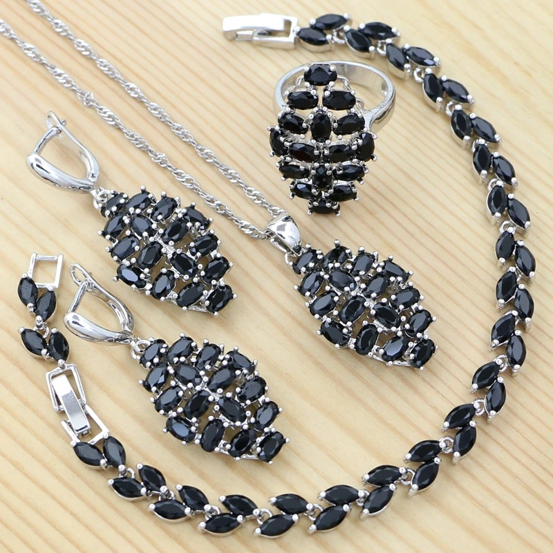 

925 Sterling Silver Jewelry Set for Women Black Cubic Zirconia Punk Bracelet Pendant Chain Earrings Ring