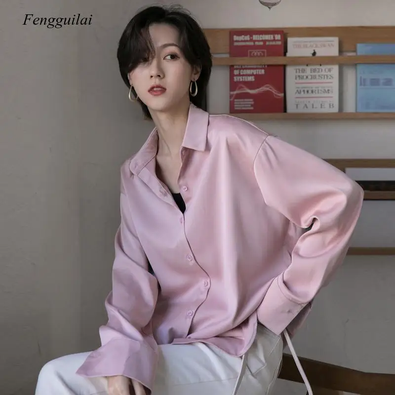 Women's 2021 Korean Spring New Simple Hong Kong Style Long Sleeve Loose Medium Length Satin Office Shirt