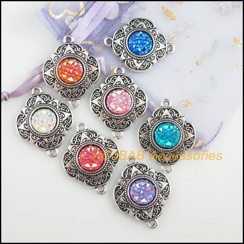 7Pcs Tibetan Silver Tone Retro Flower Mixed Round Resin Charms Connectors 23.5x30mm