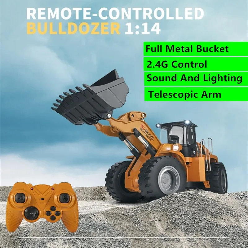 Large Electric RC Bulldozer 43cm 1:14 2.4G 60min Long Battery Life Metallic Bucket Analog Hydraulic Telescopic Boom RC Truck Toy