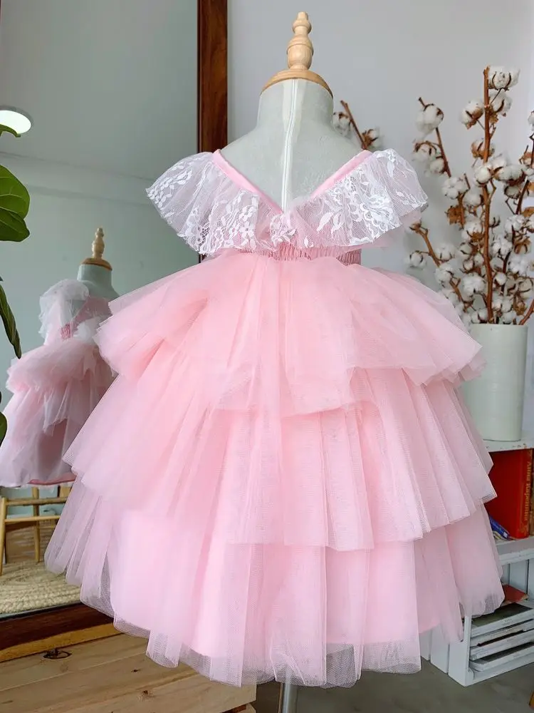 Sweet Pink Flower Girls Dresses Puffy Tulle Children Pageant Ball Gown Kids Birthday Dresses Cap Sleeve Tiered Gown