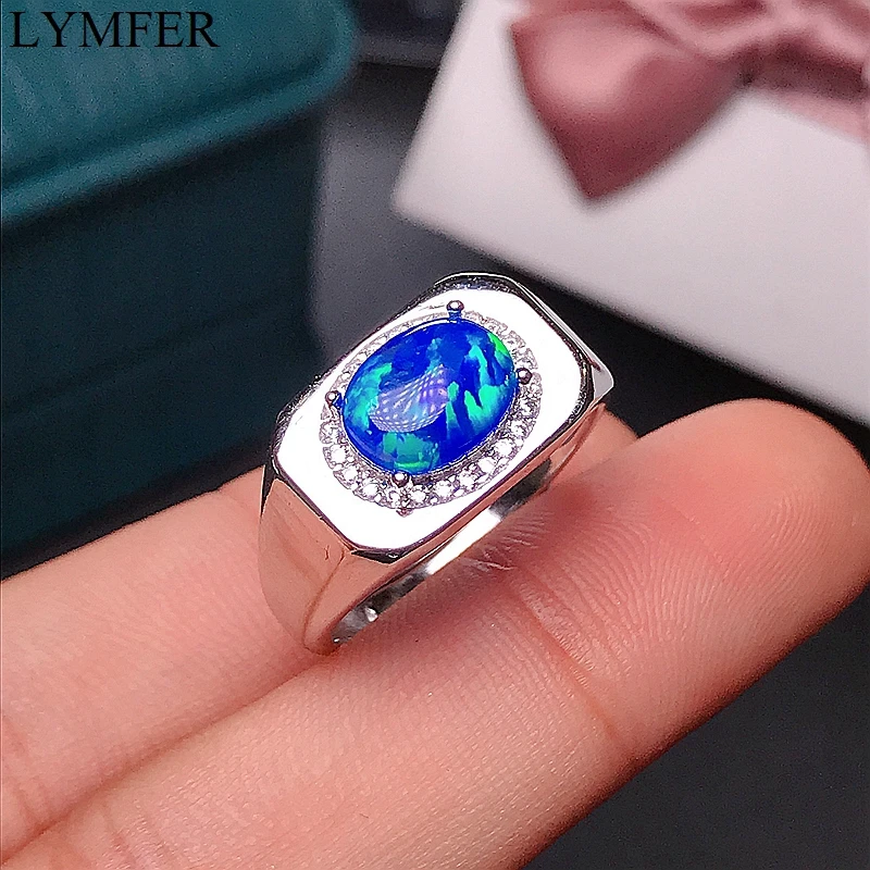 خاتم رجالي أسترالي طبيعي من العقيق لون النار الأزرق أوبال 925 لون فضي جميل #6