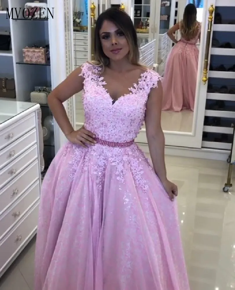 Mvozein Vestidos Pink Evening Dresses A-Line Embroidery Beaded Long Formal Evening Party Gowns Evening Dress abendkleider