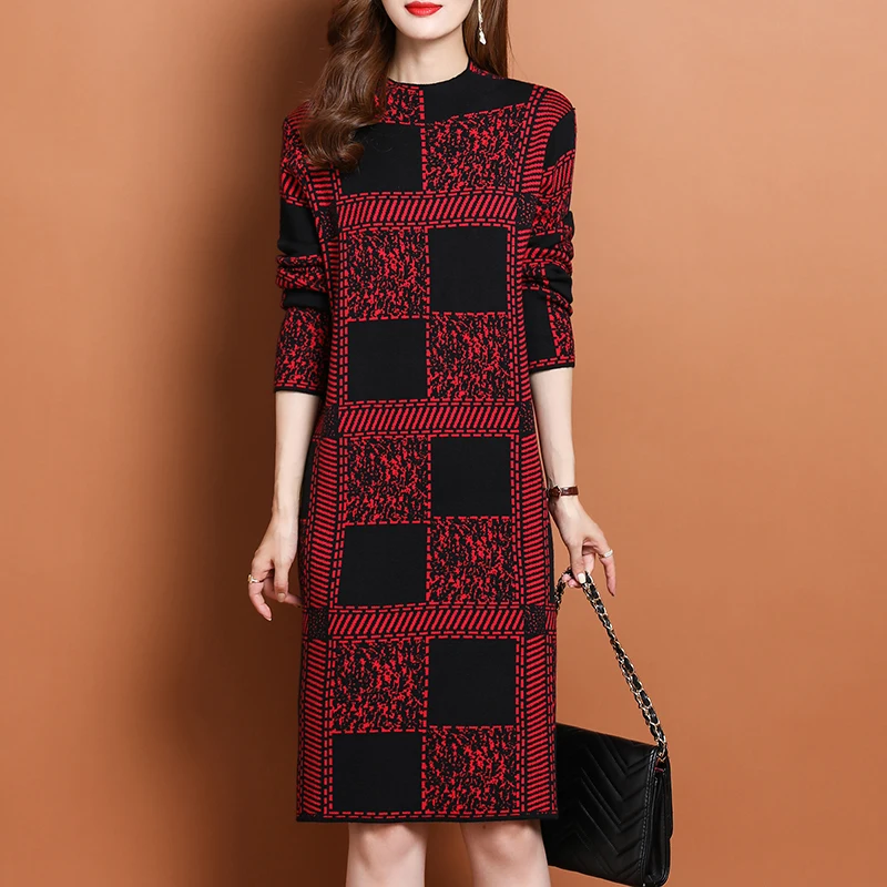 Women Knitted Cotton Thick Warm Top Sweater Autumn Winter Elegant Bodycon Midi Dress 2024 Red Plaid Korean Vintage Coat Sweater