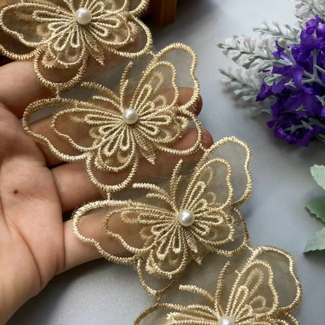 2 yards Gold Double Layer Butterfly Lace Trim Ribbon Embroidered Fabric Polyester Pearl Flower DIY Sewing Craft For Hat Craft