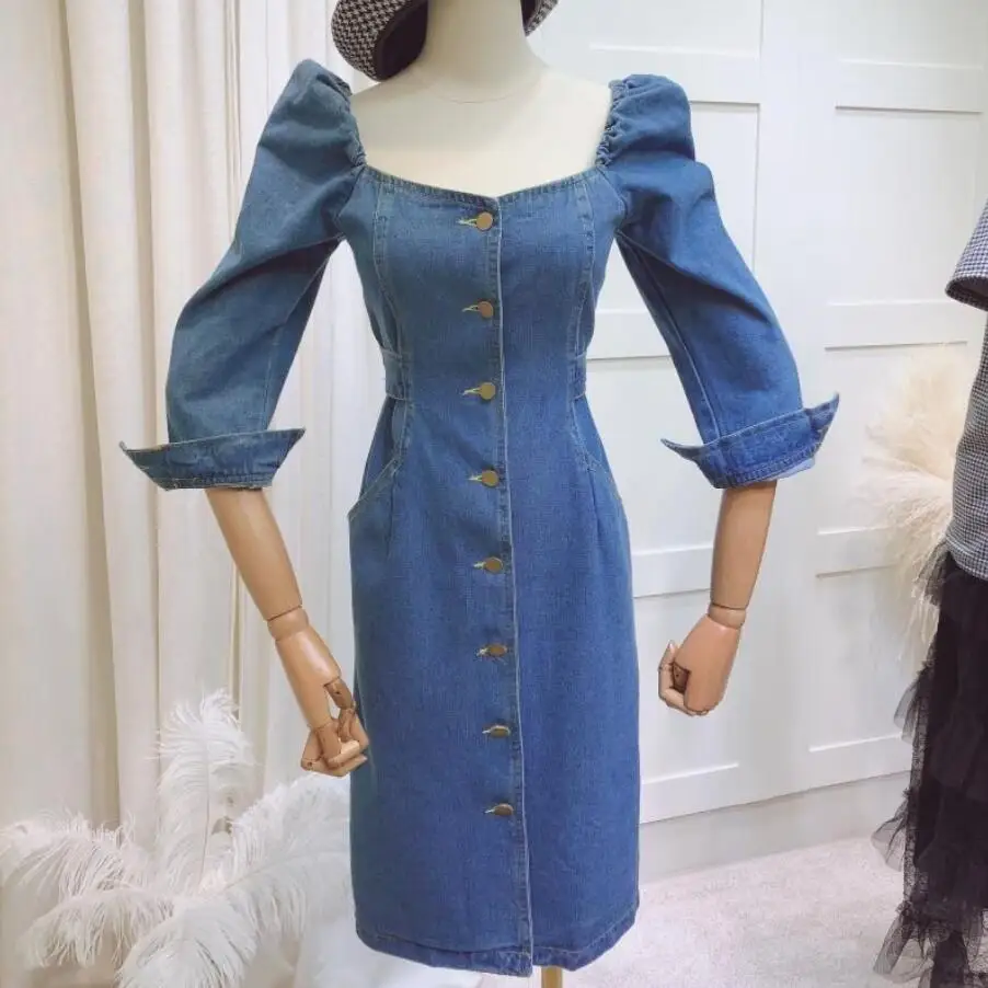 

Slash Neck Denim Dress Women Sashes Knee-Length sing breasted A-Line Women Dress