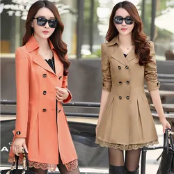 Fashion Double Breasted Windbreaker Spring Autumn Coats Women's Trench Coat Mid-Long Lace Stitching Casual Outerwear Female