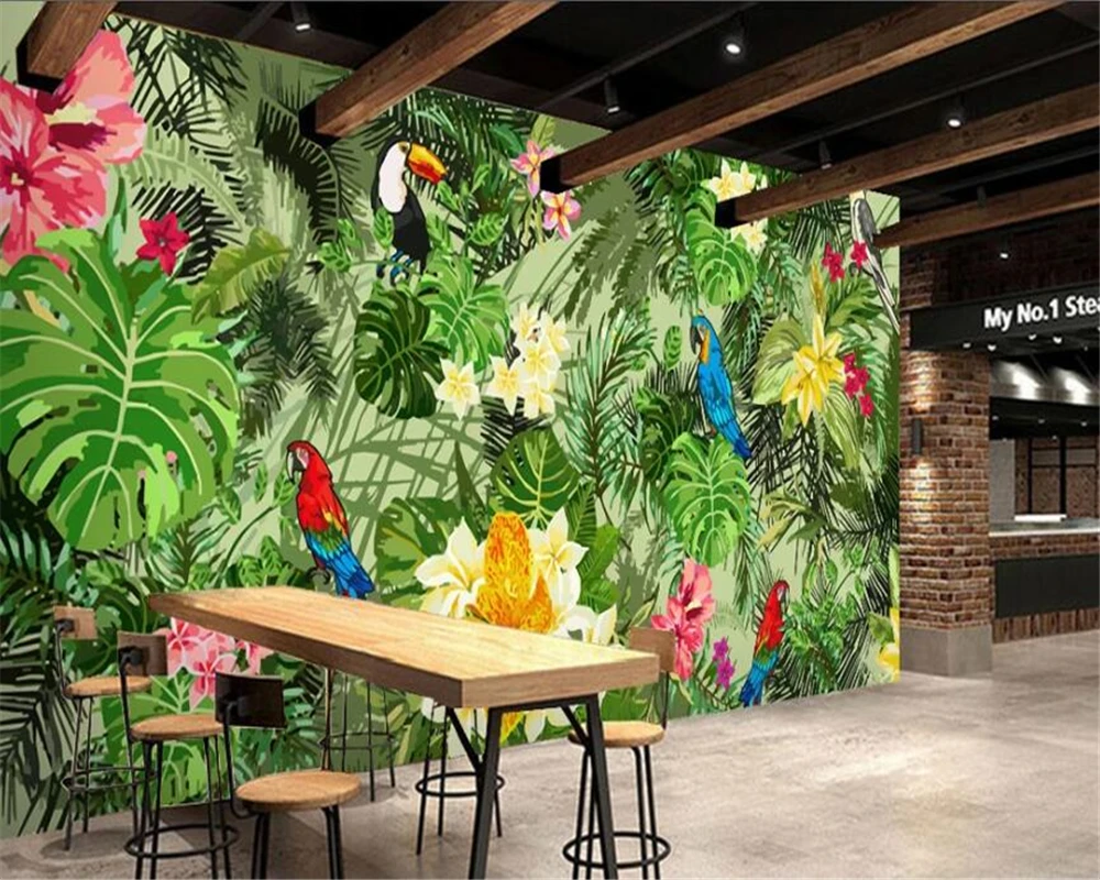 Wellyu personalizzato grande murale disegnato a mano pappagallo foresta pluviale tropicale pianta tropicale cartone animato sfondo parete carta da