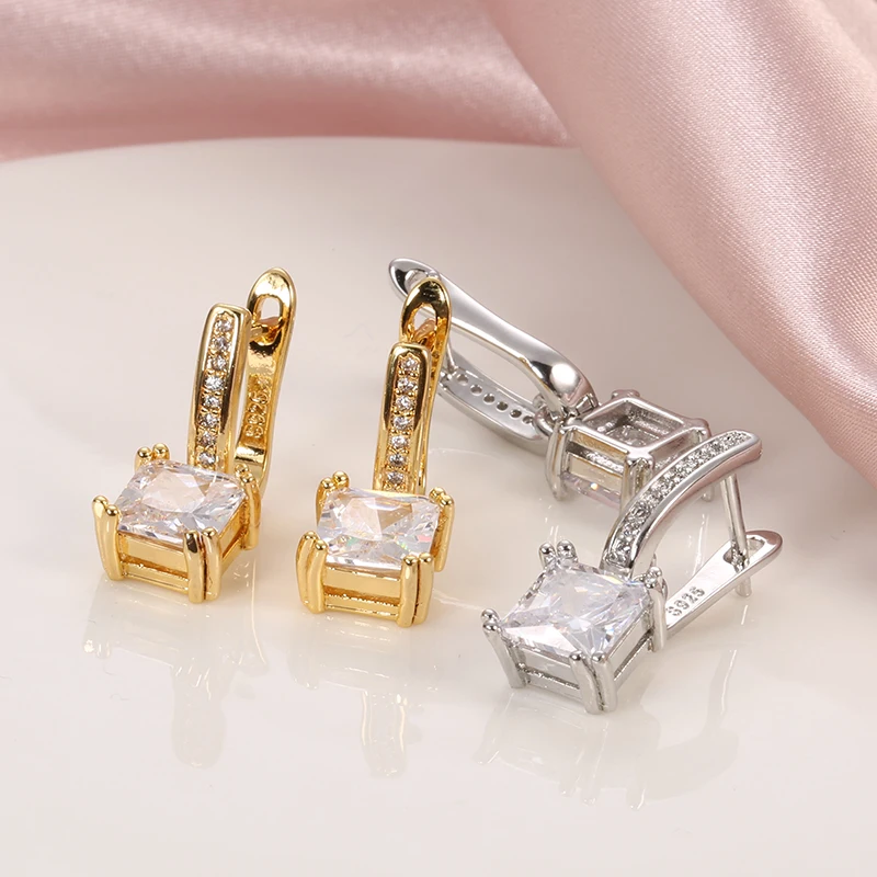 Kinel Simple Square Natural Zircon Earrings for Women Tibetan Silver Korean U Shape Drop Earring Bridal Wedding Jewelry Gifts