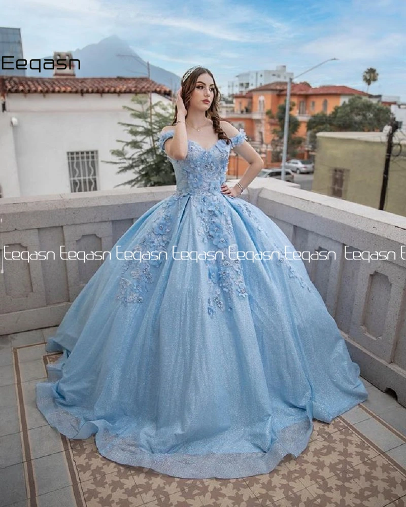 Sprankelende Hemelsblauwe Sweet 16 Baljurk Quinceañera Jurken Kralen Kanten Bloemen Vestido De 15 Anos Lange Prom Quinceanera 2024