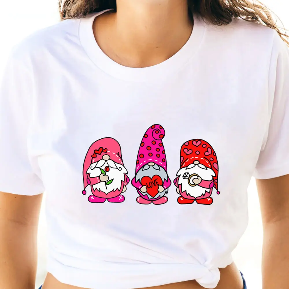 

Valentine's Gnome Colored Printed 100%Cotton Women's T Shirt Valentine's Day Gift Women Casual O-Neck Pullover Short Sleeve Tops