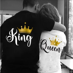 behind King Queen Printing Lover Couples Tee Shirt Harajuku Womens T-shirt  Crown Printing Couple Clothes Summer Women Man Tops