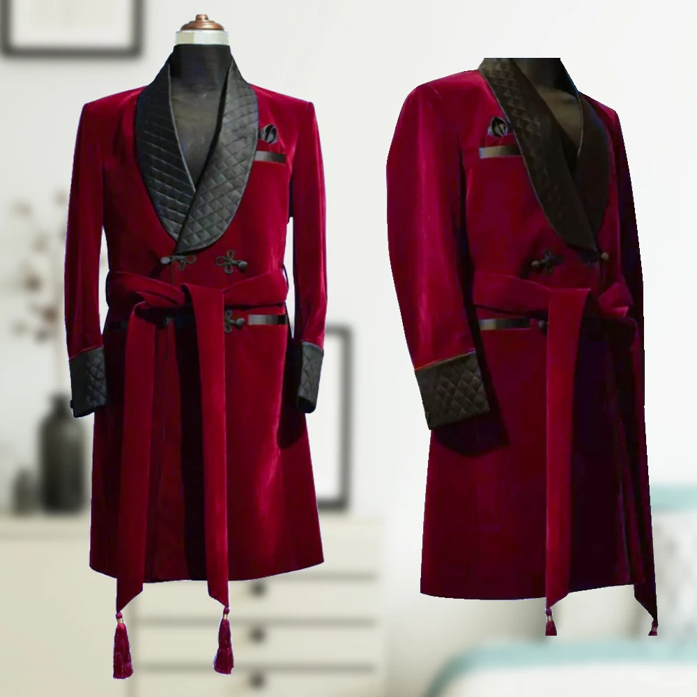 Red Velvet Men Tuxedos Custom Made Shawl Leather Lapel Jacket Robe With Belt Long Coat Winter Party Prom Dress