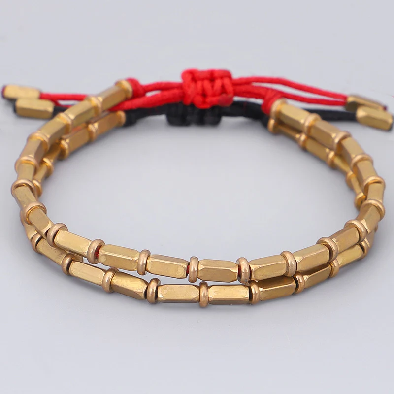 Tibetan Handmade Pure Copper Beads Lucky Rope Bracelet Men Women Buddhist Braided Black Red Protection Bangle