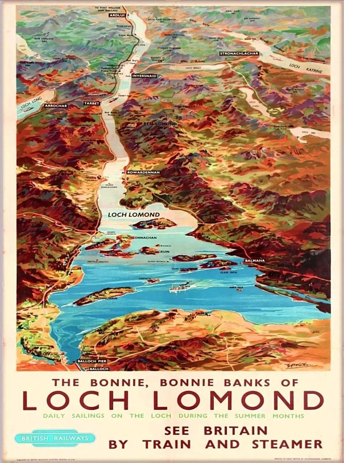 Bonnie Loch Lomond Scotland Vintage Great Britain Railroad Travel Wall Sticker Silk Poster Art Light Canvas Home Decoration