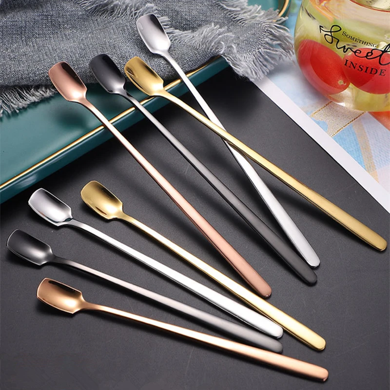 1PC Stainless Steel Square-Headed Teaspoon Long Handle Cutlery Coffee Tea Spoons Dessert Ice Cream Mini Scoop Kitchen Tableware