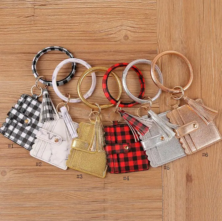 

hot Leather Bracelet Keychain Leopard Plaid PU Tassel Credit Card Wallet Wristlet Coin Purse Card bag Party Favor SN3095