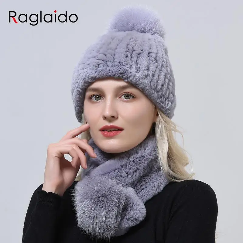

Winter Warm Rabbit Fur Hat Scarf Set Knitted Natural Fox Pompom Cap Ball Scarves High Quality Fashion Stylish Women Headwear