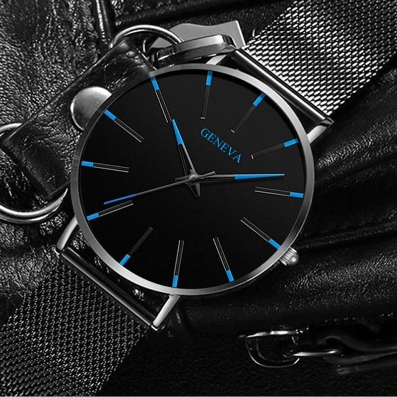 montre homme Montre à Quartz en acier inoxydable pour hommes, bracelet en maille, minimaliste, Ultra mince, mode sport, cuir