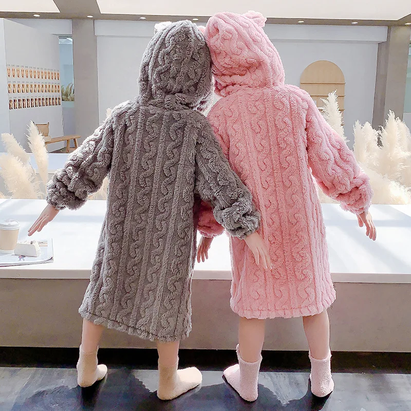 New Winter Lovely Bear Bathrobes for Girls 2021 Flannel Birthday Party Robes Hooded Warm Single-breasted Sleepwear Cardigan Boys