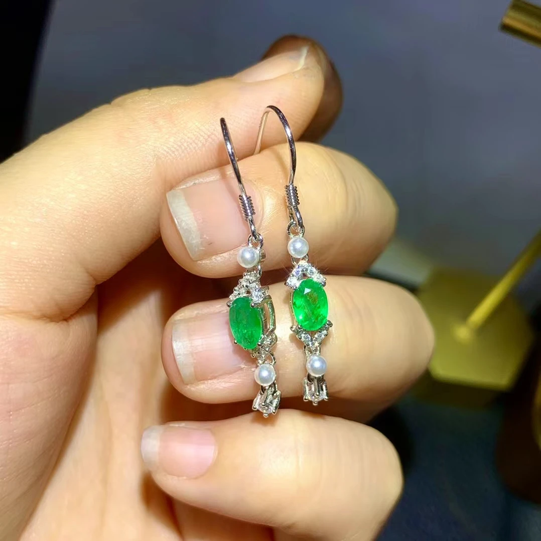 Fine Jewelry 925 Pure Silver Chinese Style Natural Emerald Girl Luxury Lovely Pearl Oval Gem Earrings Eardrop Support Detection