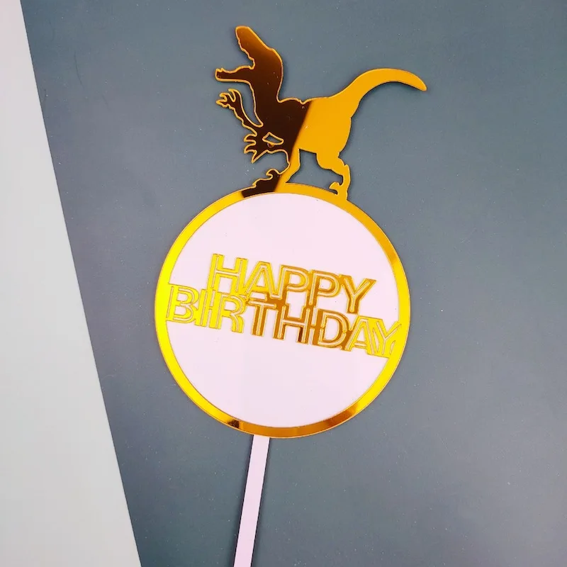 Dinosaur Theme Cake Topper Acrylic Golden Happy Birthday Cake flags High-end birthday Cupcake Toppers Kids Party Cake Decoration
