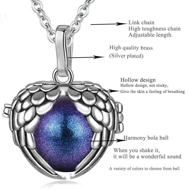 EUDORA 18mm angel wing Cage Harmony Ball Musical Pendant Angel Caller Women Necklace For Baby Pregnancy Jewelry Gift Idea H223