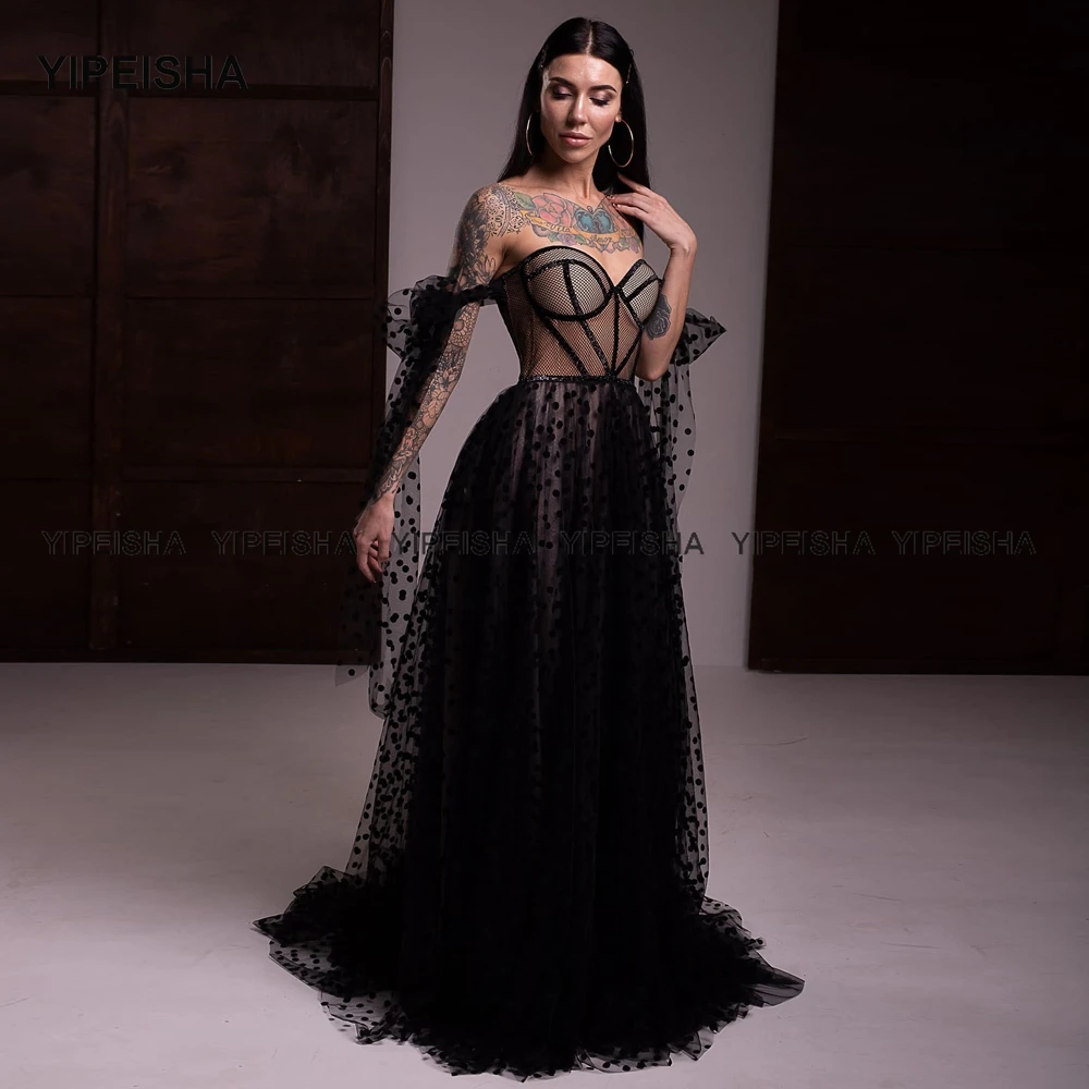 Yipeisha Dot Tulle długie suknie wieczorowe Sexy off-ramię formalna sukienka czarny Vestido de Festa suknia na przyjęcie ślubne Plus rozmiar