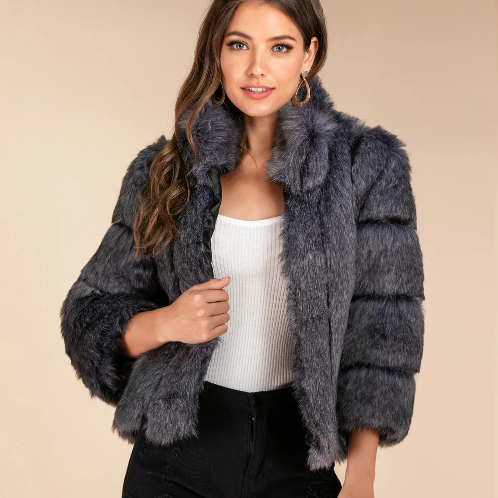 Imitation Fox Fur Coat for Women, Long Sleeve, Stand Neck, Slim Clothing, Plus Size, Short, Winter, New