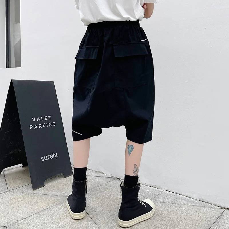 Mens Summer Drop Crotch Harem Pants Calf Length Elastic Waist Hip Hop Pants Harajuku Striped Joggers Pants Man Casual Streetwear