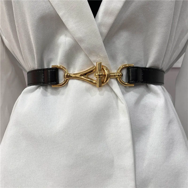 New Leather Thin Belt For Women Metal Hang Buckle Waist Strap Luxury Brand Designer Female Dress Trouser Decoration Waistband