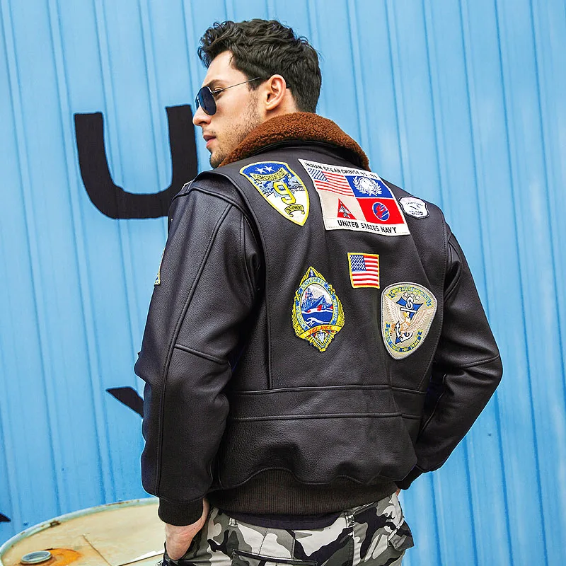 Dark Brown Military Style Pilot Leather Jacket Men Genuine Thick Natural Cowhide Winter Warm TOP GUN Aviation Coat