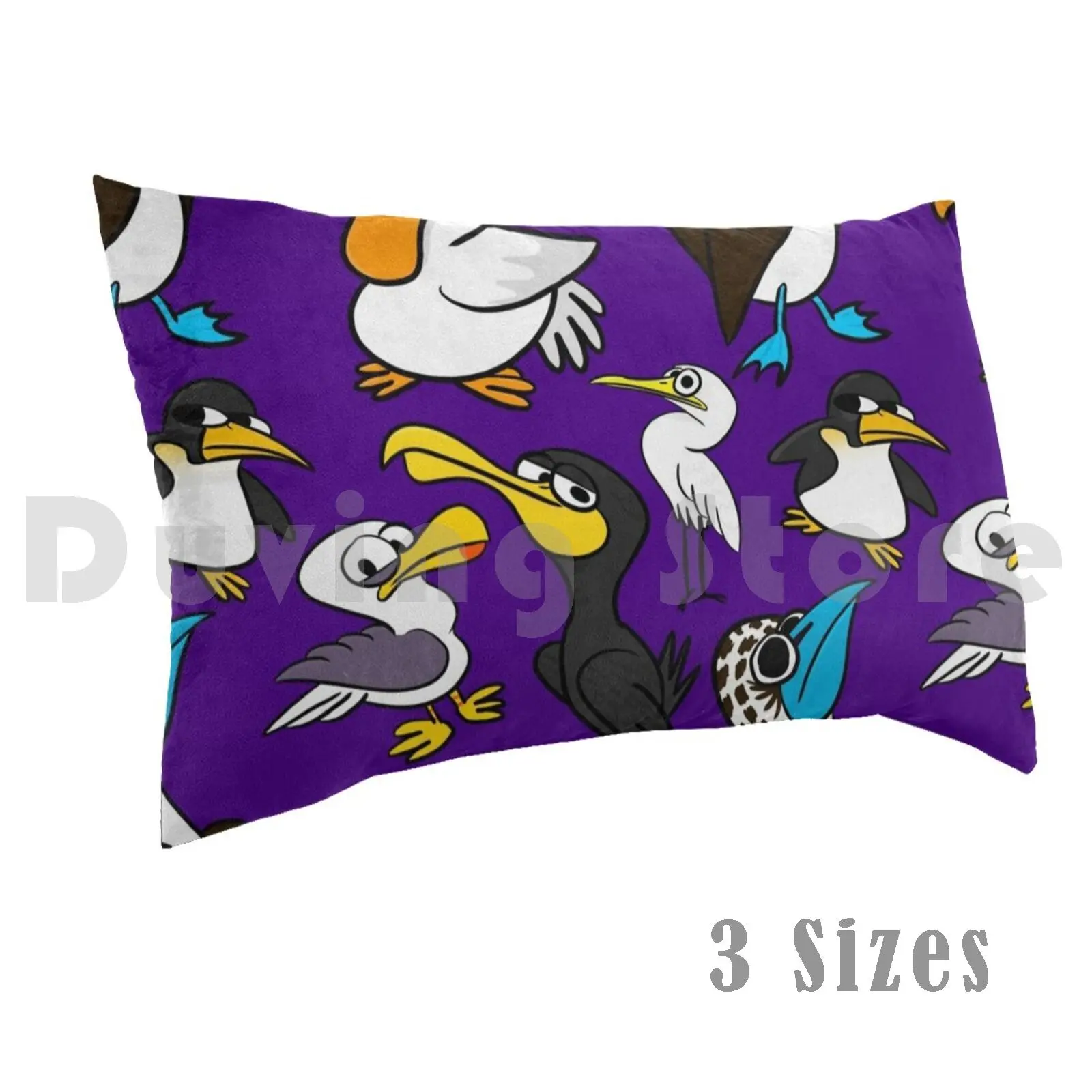 Cartoon Seabird Flock Pillow Case Printed 35x50 Flock Crowd Bird Birds Pelican Sea Gull Gull Penguin Blue