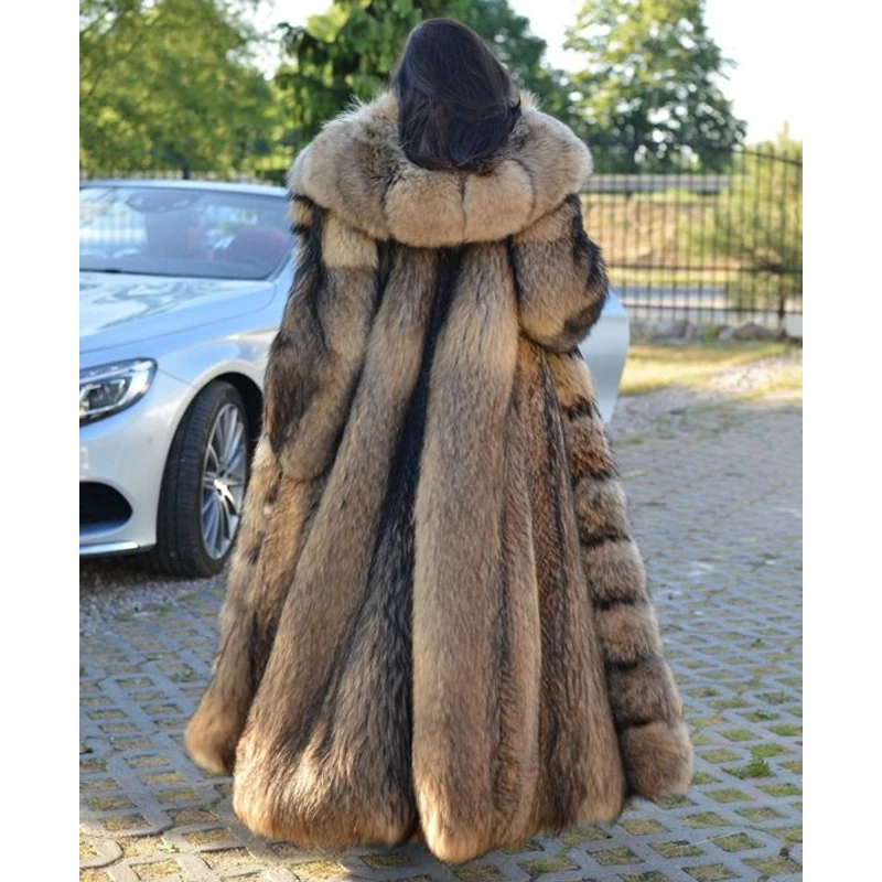 BFFUR luxe 130 cm de Long naturel femmes manteaux de fourrure réel hiver mode pleine peau véritable manteau de fourrure de raton laveur avec capuche pardessus femme