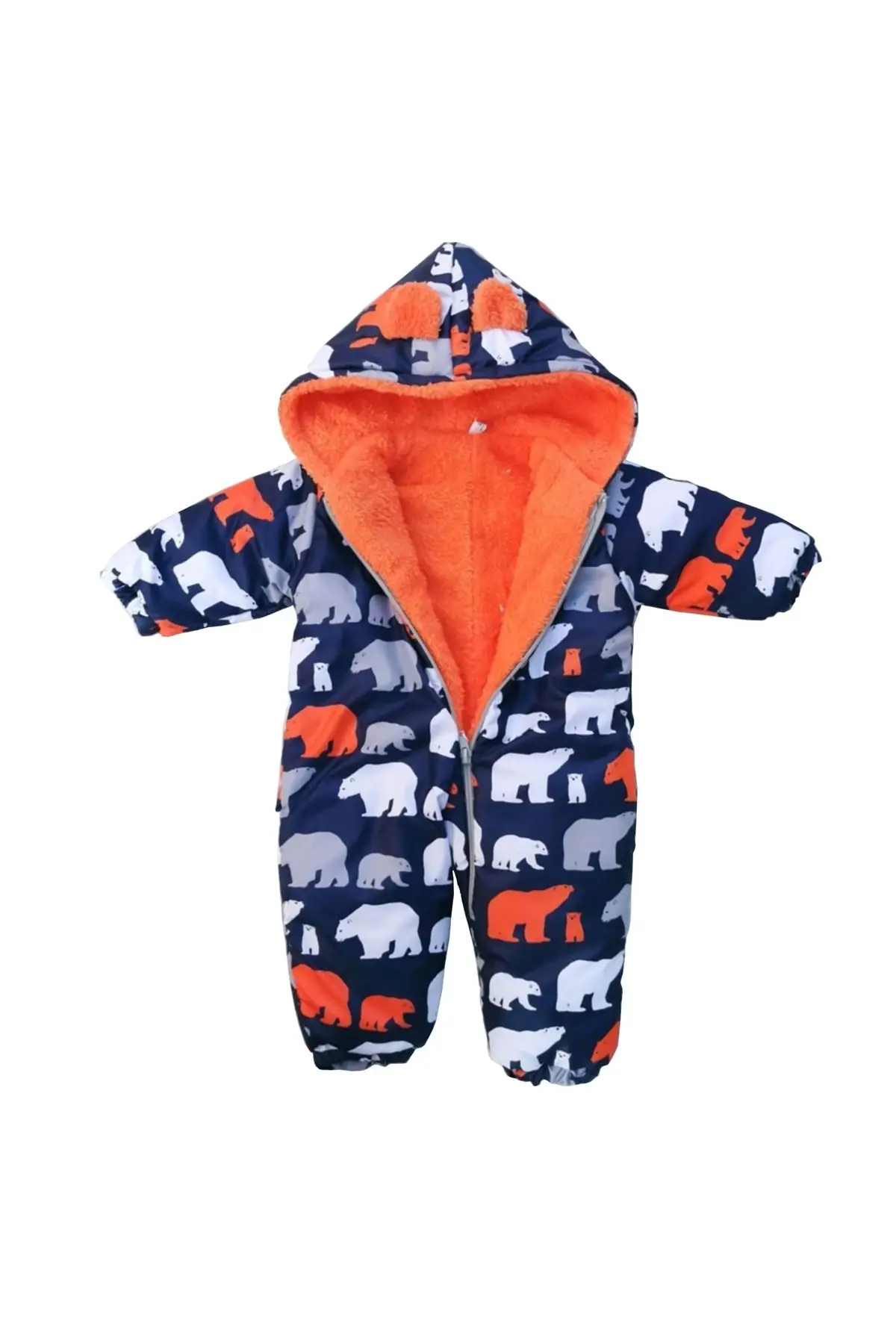 Polar Bear Pattern Orange Inside Plush Baby Cosmonaut Jumpsuit