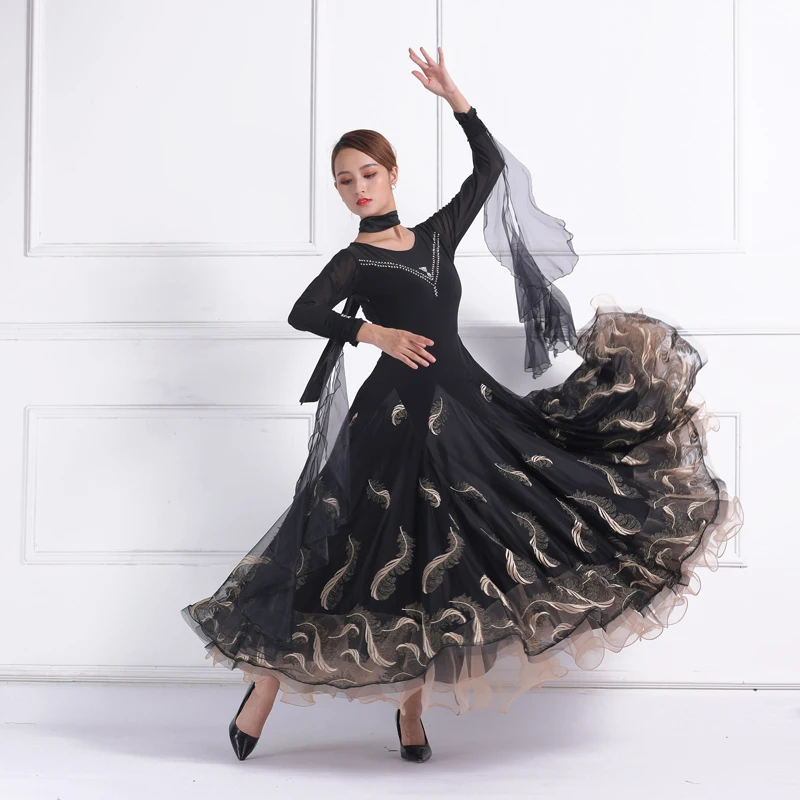 Vestido de dança padrão para mulheres, vestido preto de competição, traje de dança, vestido flamenco para senhora, novo