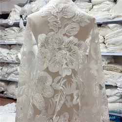 2020 New Off White Full sequins Big Flower Gorgeous sparkle Tulle Mesh Embroidery Lace Fabric bridal wedding dress french lace