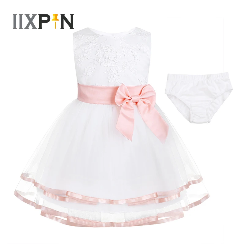 

0-24M Infant Girls Princess Dress Embroidered 3D Flower Girl Dresses Pageant Wedding Birthday Party Dress with Bloomers Set