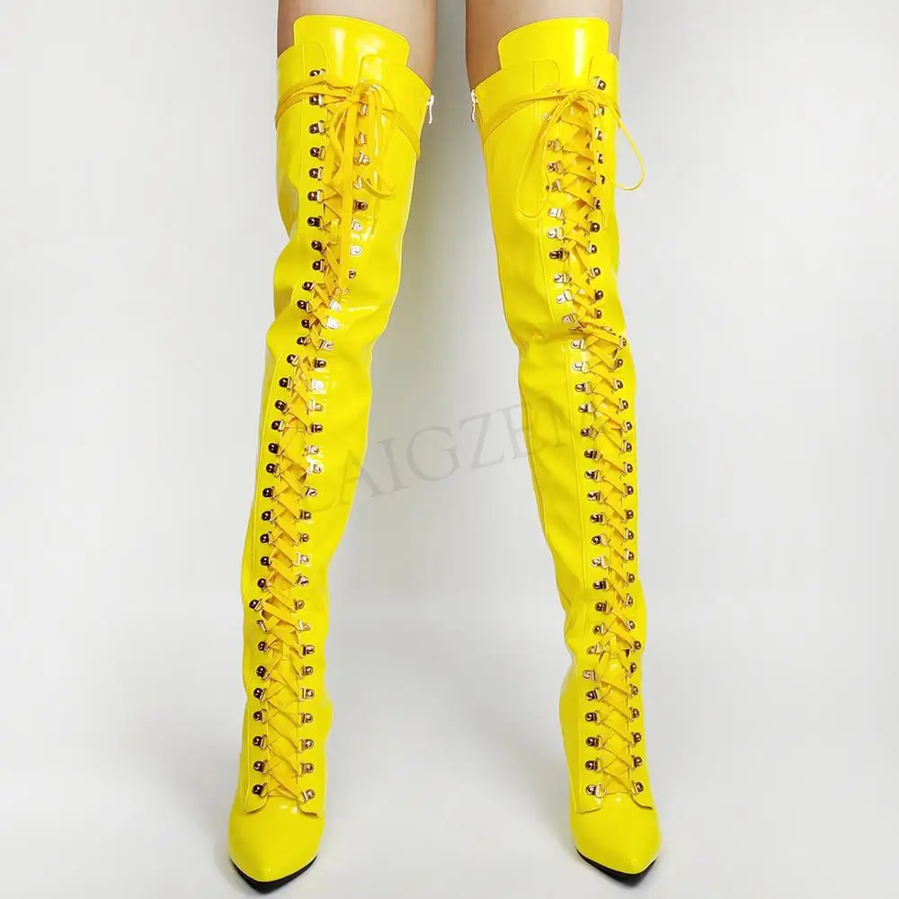 LAIGZEM Women Thigh High Boots Shiny Wide Calf Friendly Lace Up Side Zip Stiletto Heels Over Knee Botines Mujer Big Size 44 47