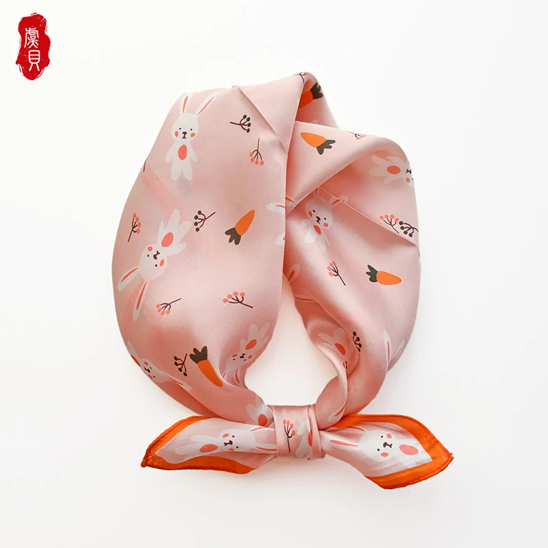 Yellow cartoon radish natural silk spring scarf girl 100% real silk summer cute pink scarves children small 50cm square headband